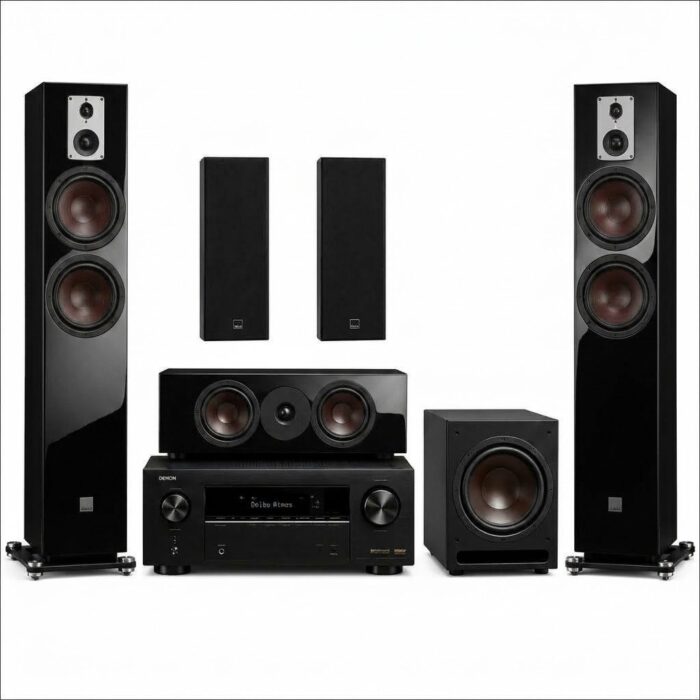 DALI Floor Audio Solution 5.1.2 – SONIK 7, SONIK CINEMA & SONIK ON-WALL with SUB E-12 F and Denon AVR 2800 Home Theatre Packa