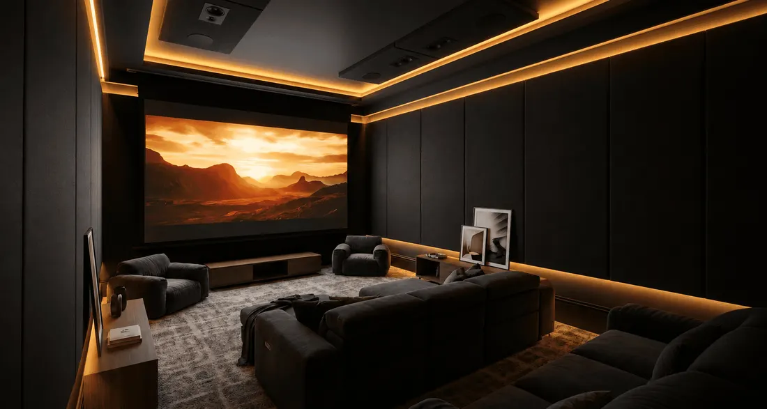 A premium home cinema room with ambient lighting