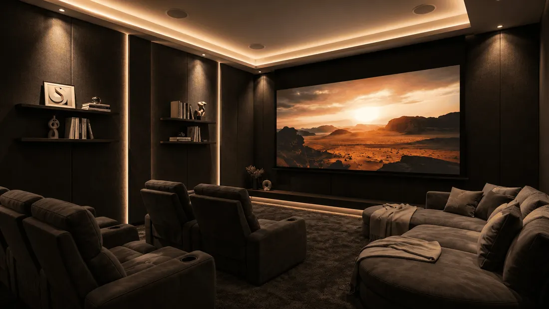 Home theatre room with a large projection screen